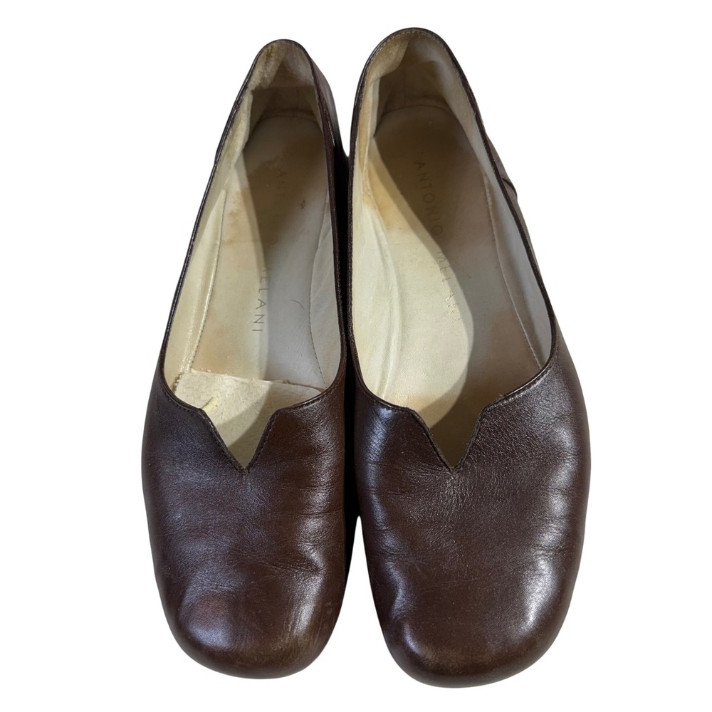 Vintage Antonio Melani Leather Flats 37 Brown V Neck Rounded Toe